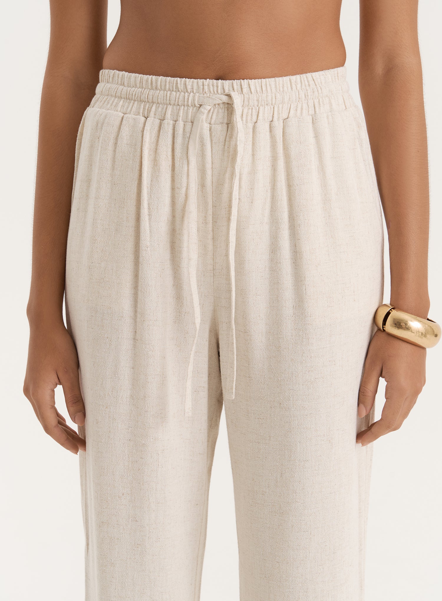 Beige Linen Blend Wide Leg Trouser